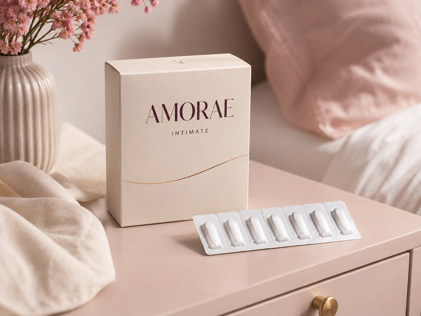 Amorae Intimate box on a bedside table with a blister pack of 30 individually sealed CBD pessaries.