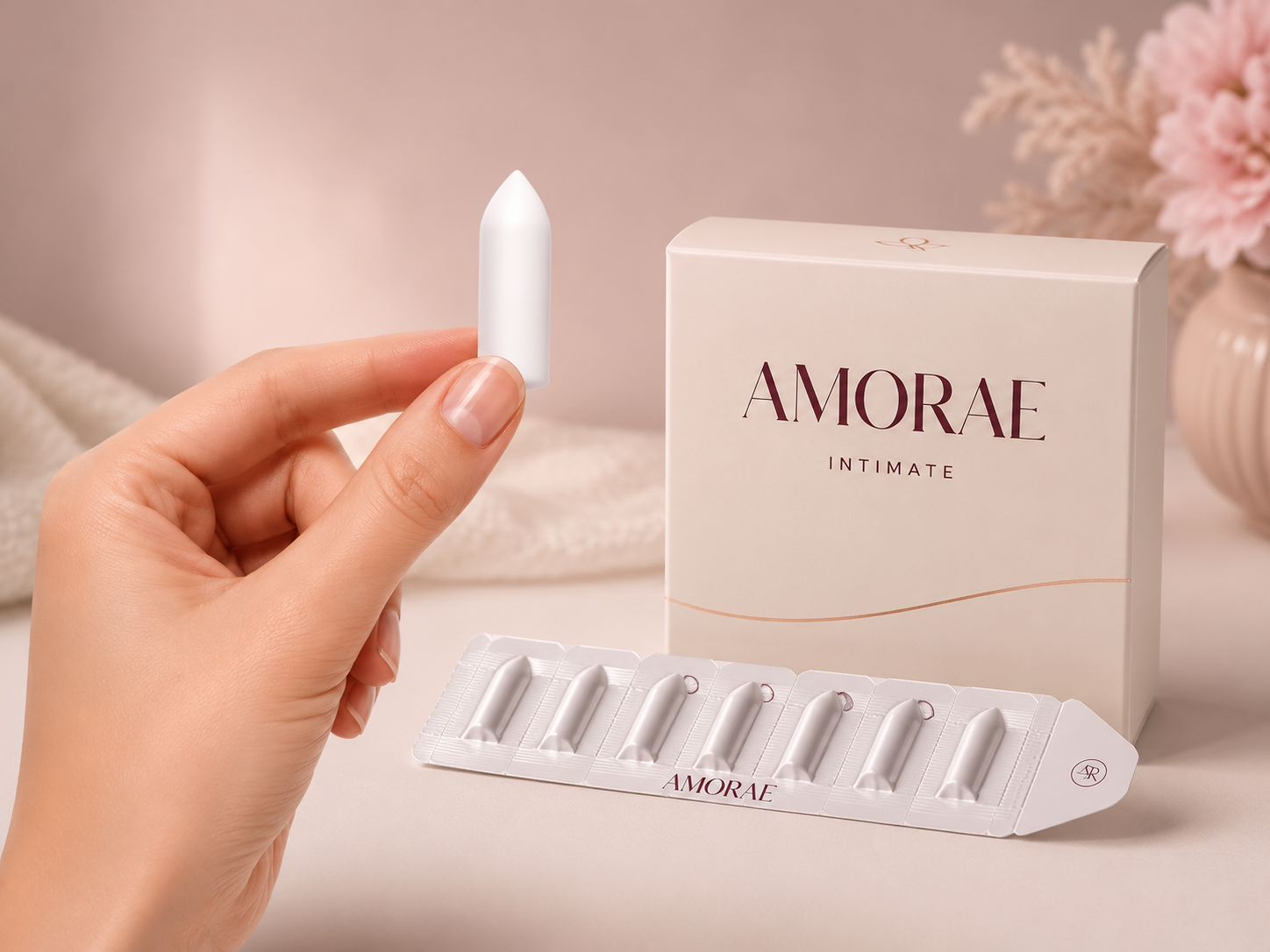 A hand holding an Amorae pessary beside the Amorae Intimate carton and a blister pack of individually sealed pessaries.